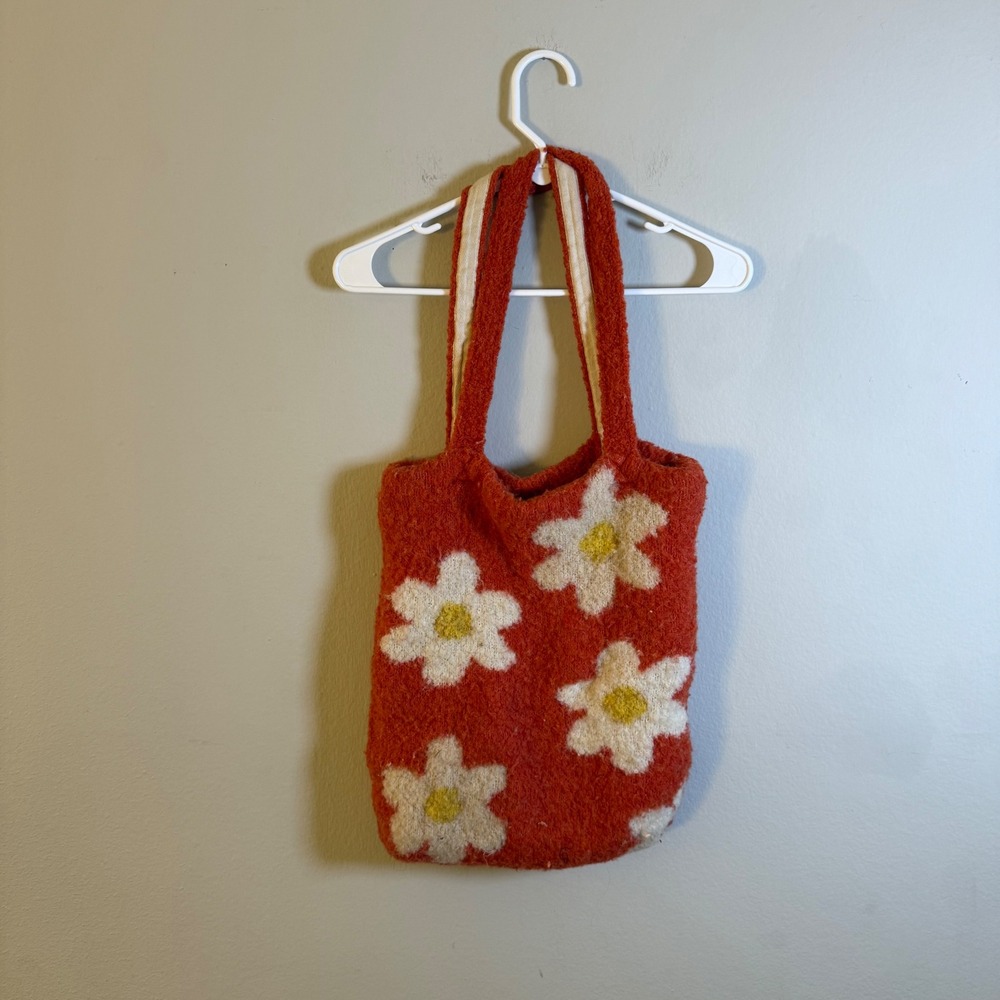 Free People Fuzzy Floral Tote Bag Orange Daisy Knit Wool Blend Boho One Size